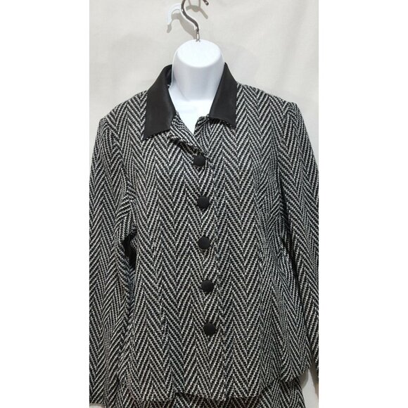 Vintage 90s Skirt Suit Leslie Fay 12 Black Chevron Long Sleeve Faux Leather Trim - Picture 3 of 10
